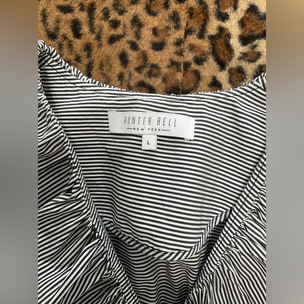 HUNTER BELL Black and White Striped Ruffle-Trim Tie-Neck Blouse - Picture 2 of 10